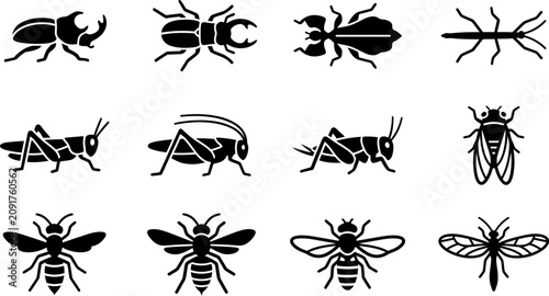 Quadro su tela Collection of various insect silhouettes icons set.