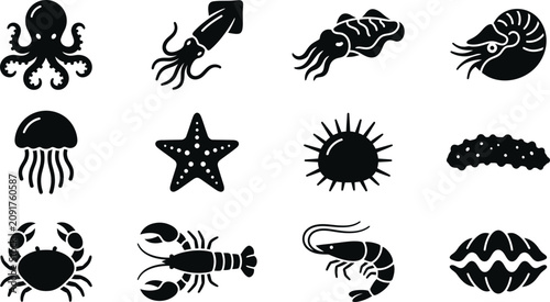 Bild auf Leinwand Set of black silhouette icons featuring various marine animals and sea creatures