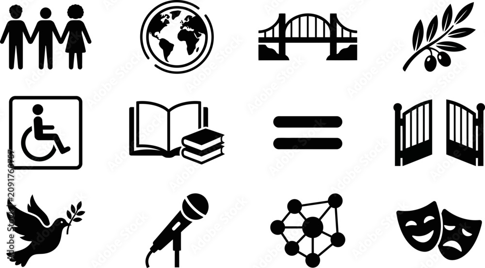 Fototapeta premium Collection of black and white flat vector icons representing diverse concepts.