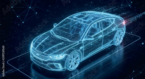 Blue digital wireframe model of a modern car on a dark background