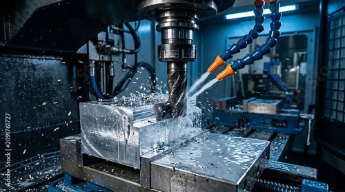 Professional CNC milling machine operating with coolant on a metal workpiece in workshop