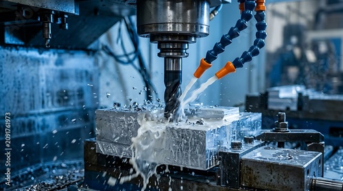 Industrial CNC milling machine cutting metal block with coolant spray in a modern factory