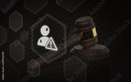 Konstfotografi A 3D wooden judge gavel sits beside a glowing warning icon, representing legal r