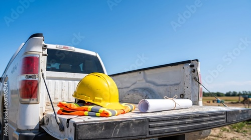 Hardhat and Safety Vest on Truck Tailgate with Blue Sky Copy Space