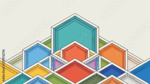Cubes in an isometric grid display a colorful geometric structure that represents modern architectural concepts and organized storage solutions within a structured digital space for creative design.