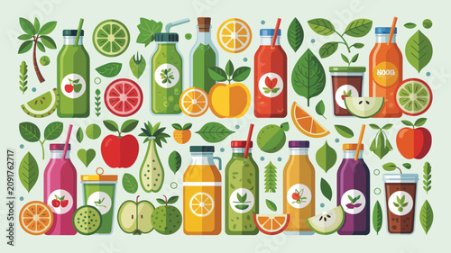 Smoothies and fresh fruit slices are arranged in a colorful pattern to highlight healthy nutrition and vibrant summer drink options for a balanced diet that supports a modern lifestyle in the city.