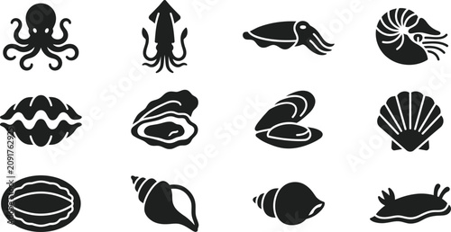 Foto Set of sea creatures and mollusks silhouette icons.