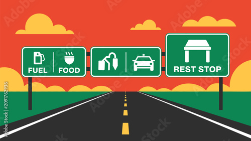 Road signs showing highway services indicate fuel, food, and rest stops for long-distance drivers traveling along the main route during their journey across the open country road.