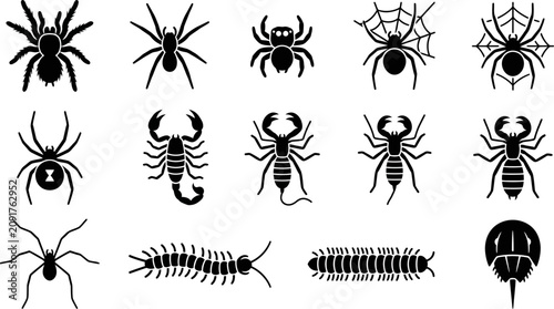 Foto Set of black silhouette icons depicting various spiders scorpions and centipedes
