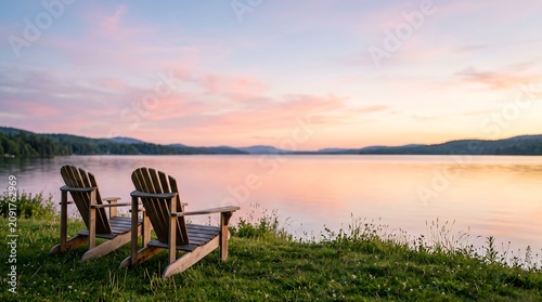 Empty Adirondack Chairs by the Lake with Sunset Sky Copy Space