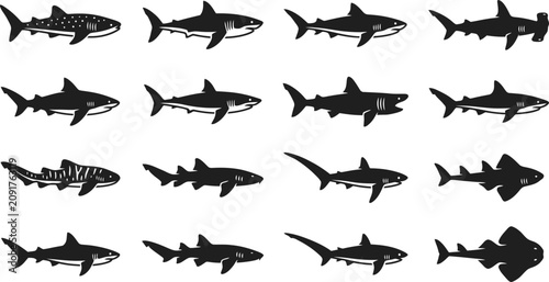 Foto Set of various shark species silhouettes in black and white.