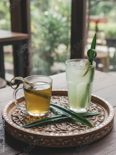 A steaming herbal infusion and a cold, green beverage garnished with leaves rest on an intricately carved wooden tray. The tray, circular with ornate patterns, showcases delicate inlaid designs. 