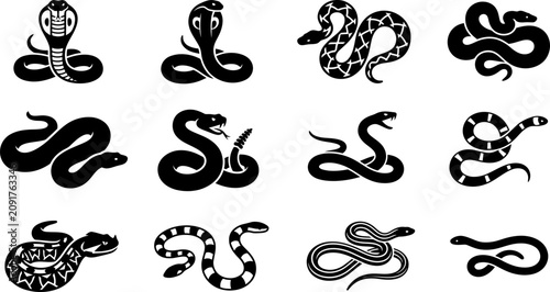 Billede på lærred Set of black and white vector snake icons in various poses.
