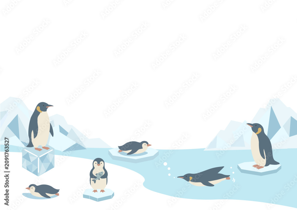 Obraz premium ペンギンの夏バナーイラスト 夏素材 夏フレーム 背景 フラットデザイン コピースペース付きイラスト かわいい