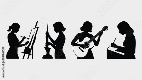Silhouettes of four different women engaging in creative hobbies like painting, sculpting, playing guitar, and writing.