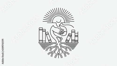 Hand cradling a stylized sprout emerging from a stack of books with sun rays radiating behind the composition.