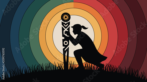 Silhouette of a woman crouching to observe a decorative totem pole against a vibrant concentric sunset background.