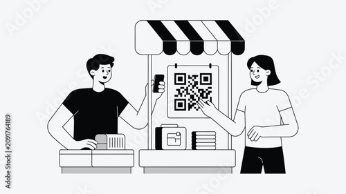 Customer uses a mobile phone to scan a payment QR code at a small merchant kiosk during a commercial transaction.
