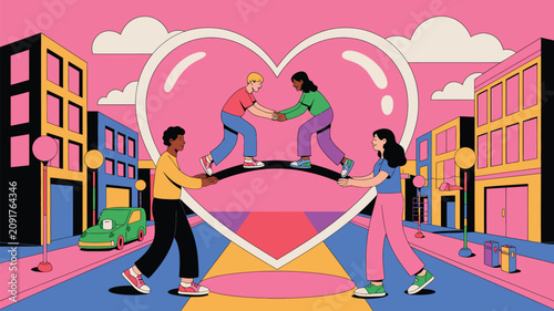 People walk through a stylized city street with buildings and a large heart shape representing community support and social connection.
