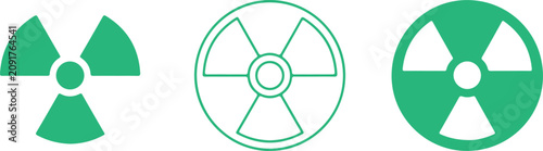 Photos Set of three green radioactive hazard warning symbols representing nuclear safet