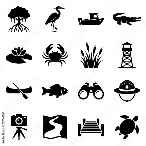 Obraz na płótnie Wetlands and nature reserve environment icons set with wildlife, ecosystem