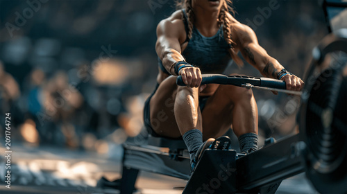 HYROX style cardio training, athlete performing SkiErg workout.	
