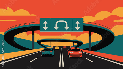 Cars drive along a multilane highway passing beneath a large overhead road sign with arrows indicating a u-turn maneuver as traffic flows smoothly towards the horizon during the golden hour.