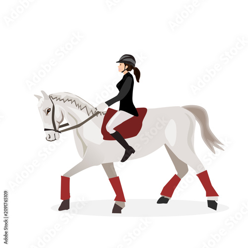 Konstfotografi Vector illustration of a professional woman horsewoman riding a beautiful white dressage horse