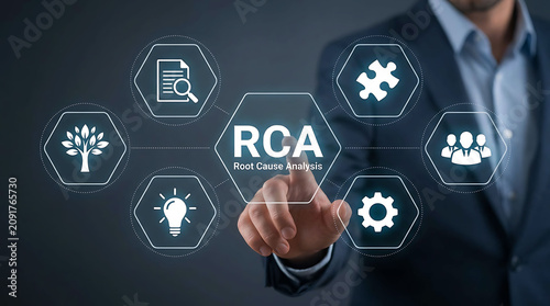 RCA root cause analysis concept with business problem solving interface