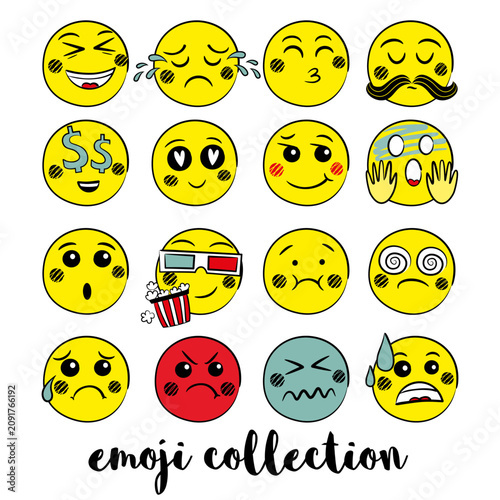 Hand drawn sketch style yellow emojis set. Cute doodle emoticons with various funny faces and expressions.
