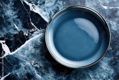 A blue ceramic bowl on dark marble. Ideal for food dining ads.