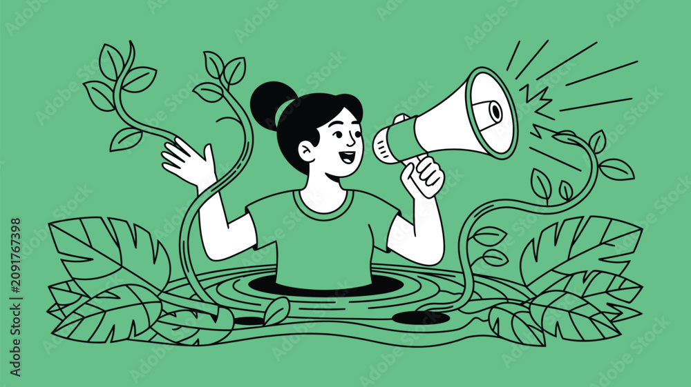 Naklejka premium Young woman emerges from a circular hole in the ground while holding a large megaphone and speaking to promote environmental awareness amidst lush, stylized foliage and twisting plant vines.