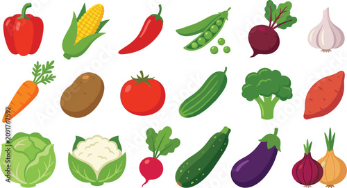 Fresh Organic Vegetable Icon Set with Pepper Corn Tomato Broccoli Carrot and Onion Flat Vector Illustrations for Healthy Food Recipes Grocery and Menus