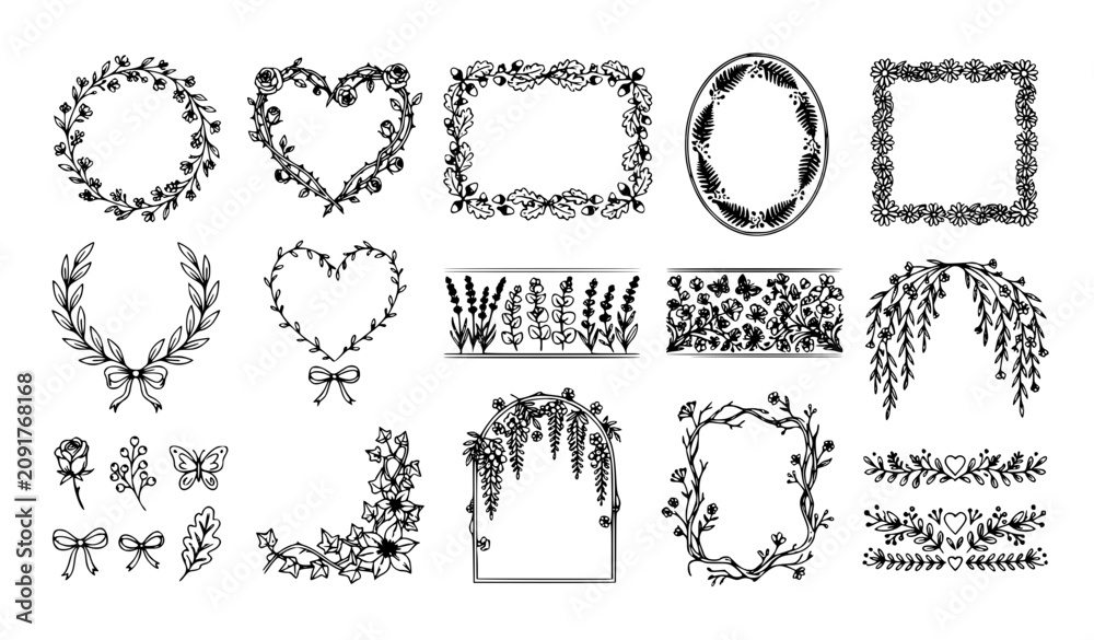 Fototapeta premium Hand Drawn Floral Frame with Leaves Heart Bow Laurel Wreath Vector