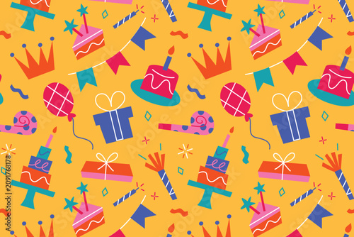Birthday seamless pattern with flat cartoon party elements on yellow background, cake slices, gift boxes, crowns, balloons, candles. Celebration and party supplies concept, vector illustration