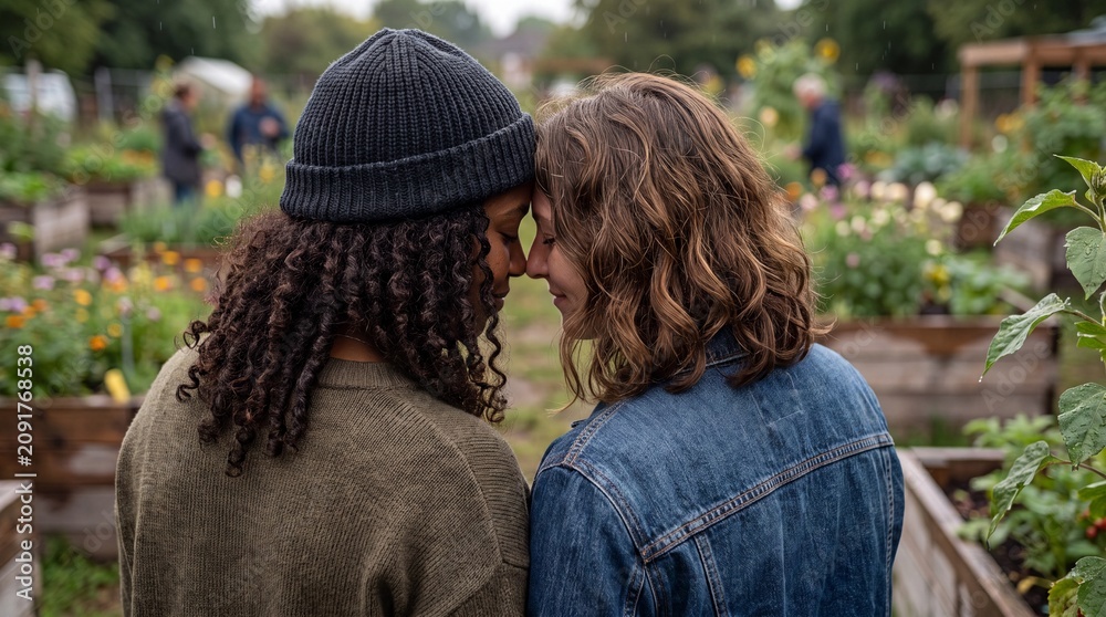 Fototapeta premium Two women leaning heads together in solidarity in a community garden