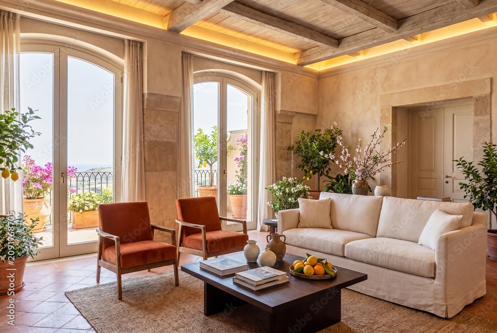 Fototapeta premium Luxury resort lounge with warm Mediterranean interior design