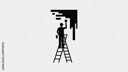 Painter stands on a tall ladder while applying black pigment to a wall as a professional worker engaged in home improvement tasks that require high focus, physical labor, and artistic precision.
