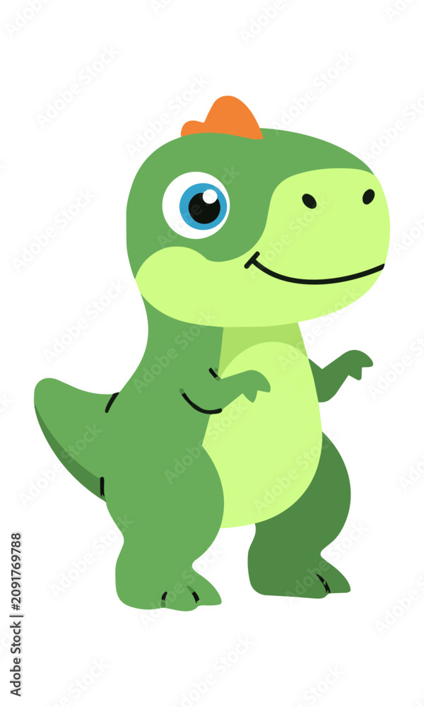 Fototapeta premium A cheerful, stylized T-Rex character in a playful standing pose with friendly eyes, rendered in a clean flat design, isolated on white. Playful dinosaur concept