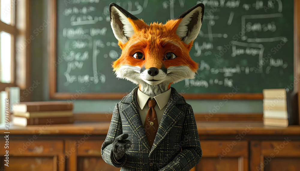 Fototapeta premium Fox acting as university professor explaining complex equations creates academic intelligent serious humorous professional atmosphere generative AI