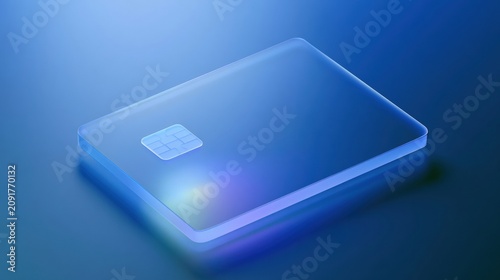 A frosted glass credit card floats above a blue gradient. The card features a translucent chip and shows light refraction effects.