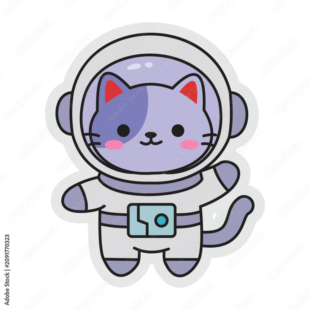 Fototapeta premium Adorable Purple Cat in Space Suit Astronaut Kawaii Sticker Doodle Vector