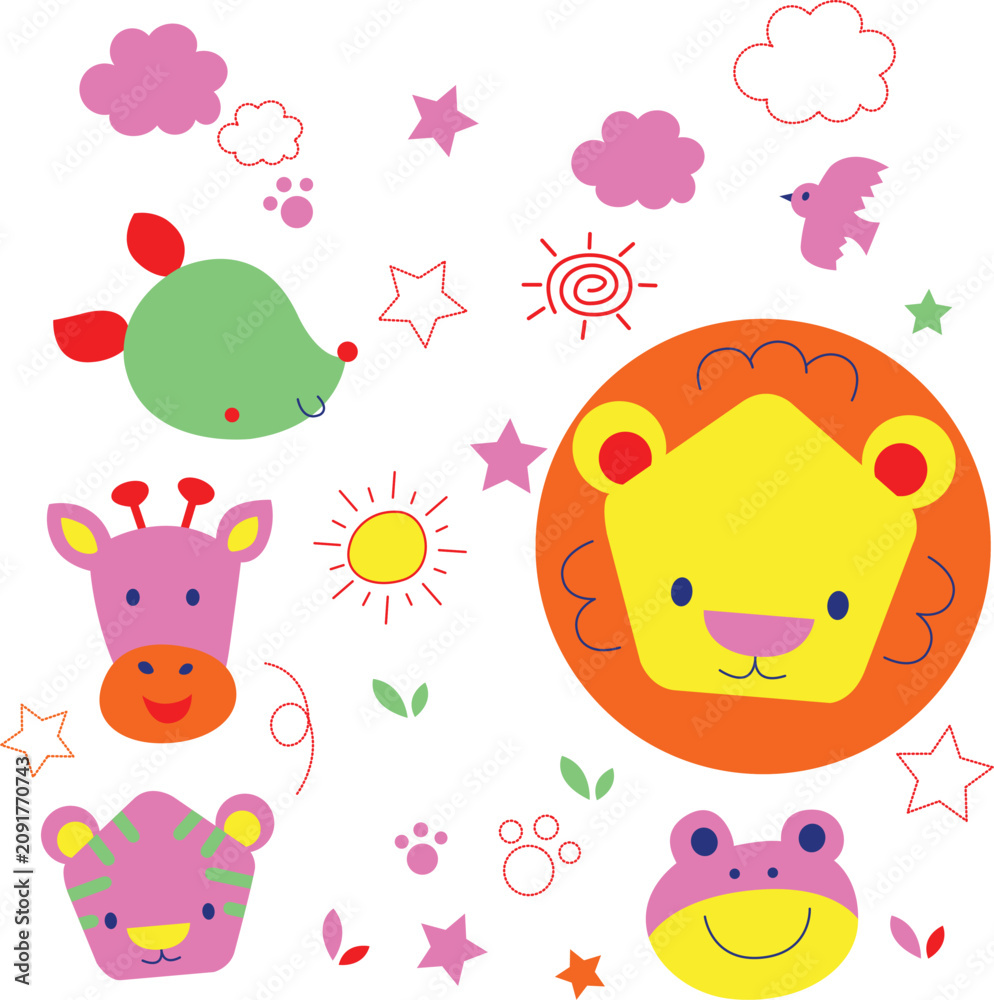 Naklejka premium Adorable baby wild animal characters group smiling together, kawaii style graphic elements for baby clothing print