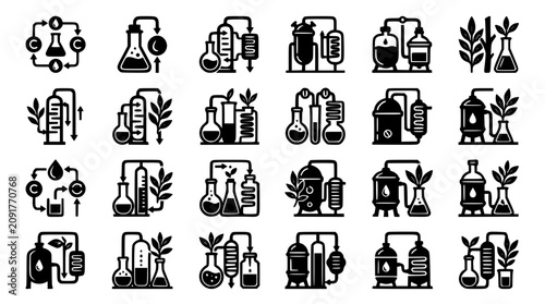 Photos Chemical distillation apparatus with plant elements during laboratory experiment