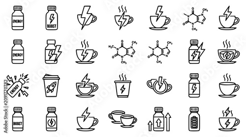 Foto Energy drink and coffee icons with lightning bolt and molecule in a clean vector