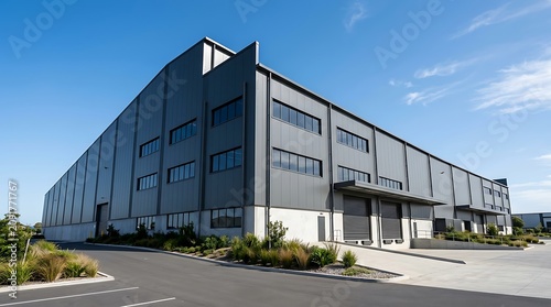 Professional industrial building architecture with large windows and parking
