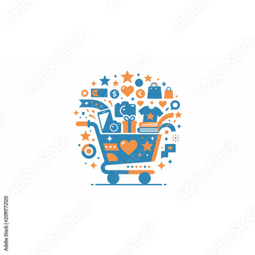 Shopping Cart with Groceries and Household Items Vector Illustration