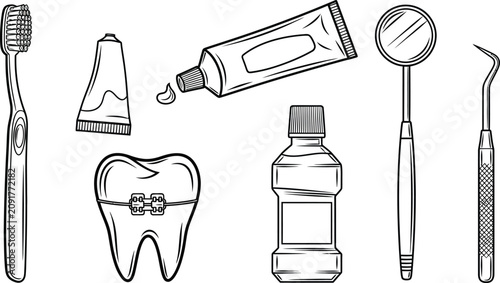 Billede på lærred Dental hygiene icons including toothbrush toothpaste mouthwash dental mirror and