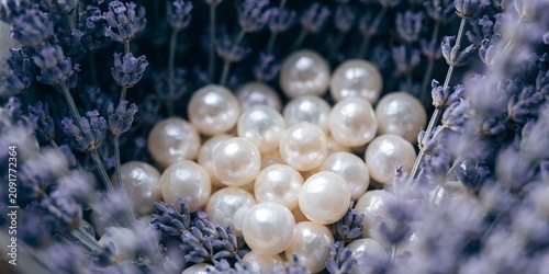 Overhead closemup of cream freshwater pearls nestled among dried lavender sprigs filling frame muted purple and ivory tones