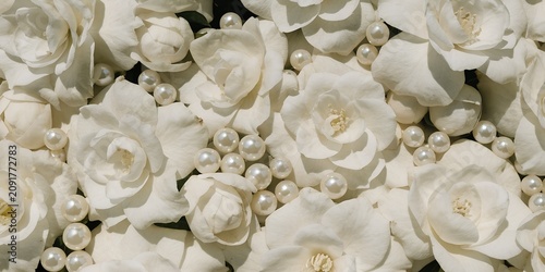 Overhead flat lay of perfect round Akoya pearls scattered among white gardenia blossoms filling entire frame soft ivory tones